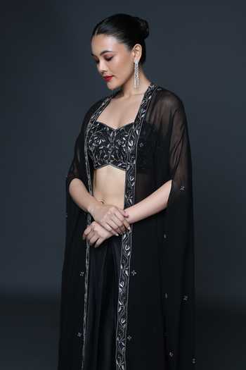 Buy_Sanjev Marwaaha_Black Modal Embellished Floral Sweetheart Neck Cape And Dhoti Skirt Set_Online_at_Aza_Fashions