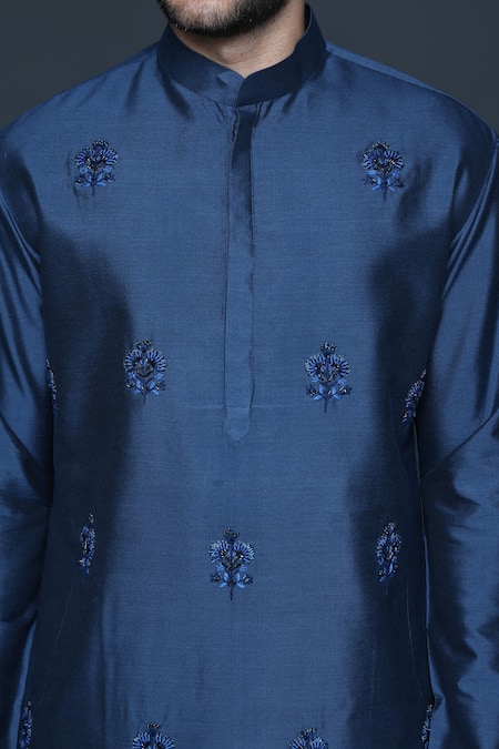 Sanjev Marwaaha_Blue Cotton, Silk Embroidery Flower Hand Kurta And Pant Set_Online_at_Aza_Fashions