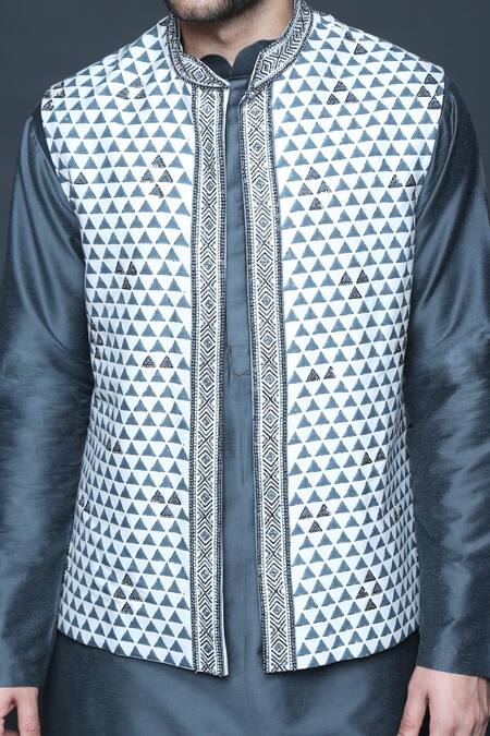 Sanjev Marwaaha_Gray Cotton Silk Hand Block Print Triangle Embellished Bundi Kurta Set _Online_at_Aza_Fashions