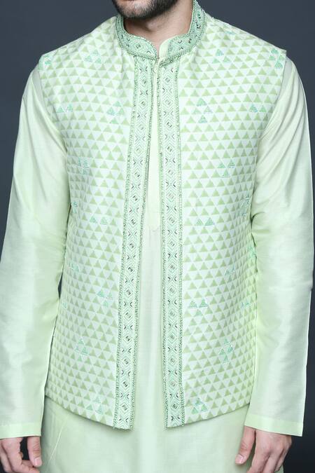 Sanjev Marwaaha_Green Cotton, Silk Cut Work Embellished Hand Block Print Bundi Set_Online_at_Aza_Fashions