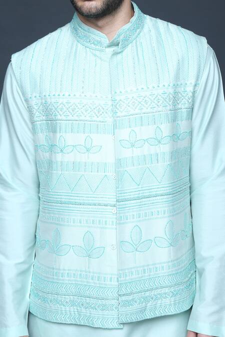 Sanjev Marwaaha_Green Cotton, Silk Sequins, Beads Block Print Embroidered Bundi Kurta Set_Online_at_Aza_Fashions