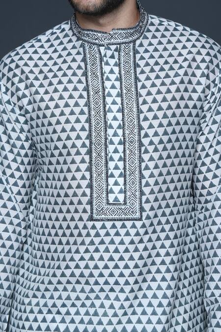 Sanjev Marwaaha_Grey Cotton, Silk Sequins, Beads, Cut Work Block Print Kurta Set_Online_at_Aza_Fashions