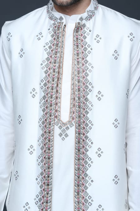 Buy_Sanjev Marwaaha_Ivory Cotton, Silk Sequins, Beads, Embroidery Geometric Bundi Kurta Set_Online_at_Aza_Fashions