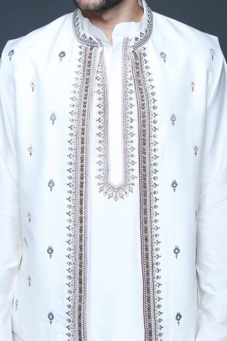Buy_Sanjev Marwaaha_Ivory Cotton, Silk Sequins, Beads Floral Hand Embroidered Bundi Kurta Set_Online_at_Aza_Fashions