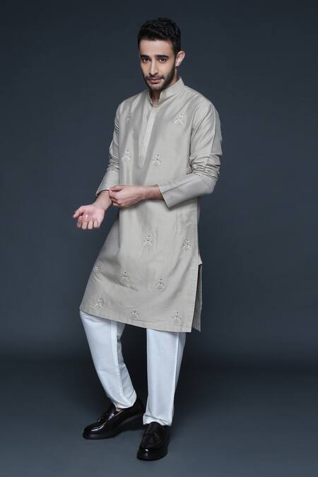 Sanjev Marwaaha_Grey Cotton Silk Embroidered Resham Thread Work Floral Kurta Set _Online_at_Aza_Fashions