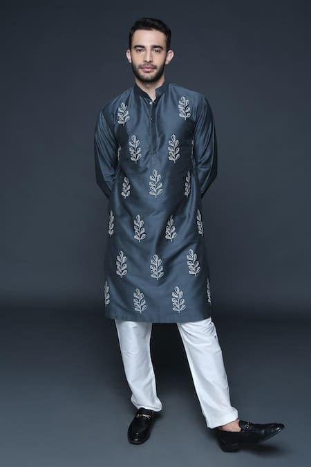 Sanjev Marwaaha_Grey Cotton, Silk Embroidery Leaf Kurta Set_Online_at_Aza_Fashions
