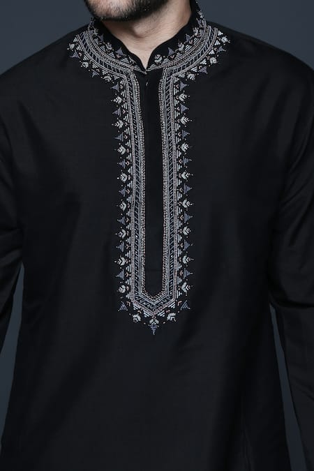 Buy_Sanjev Marwaaha_Black Cotton, Silk Embroidery Mandarin Collar Kurta Set_Online_at_Aza_Fashions