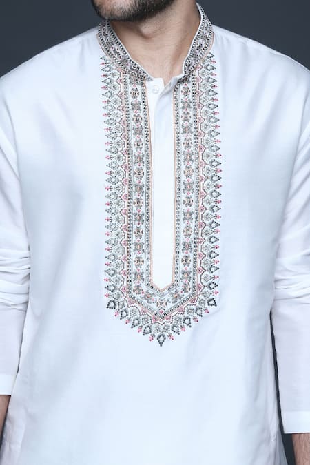 Sanjev Marwaaha_Ivory Cotton, Silk Embroidery Thread Mandarin Collar Kurta Set_Online_at_Aza_Fashions