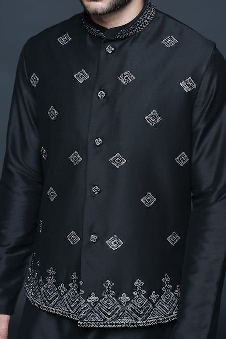 Buy_Sanjev Marwaaha_Black Cotton, Silk Sequins, Cut Work, Geometric Embellished Bundi Kurta Set_Online_at_Aza_Fashions