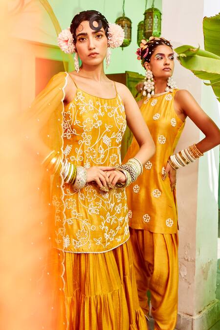 Buy Mona And Vishu Yellow Modal Satin Pearl Work Halter Neck Embroidered Kurta Tulip Pant Set Online at Aza Fashions Buy_Mona And Vishu_Yellow Modal Satin Pearl Work Halter Neck Embroidered Kurta Tulip Pant Set _Online_at_Aza_Fashions