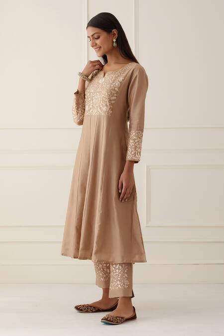 Kamaltaas_Brown Chanderi Silk Embroidery Round Neck Hand Anarkali And Pant Set_Online_at_Aza_Fashions