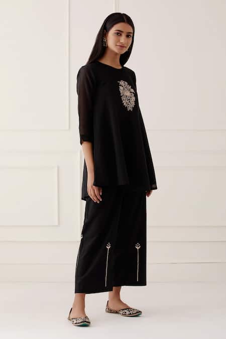 Kamaltaas_Black Chanderi Silk, Satin, Embroidery A-line Kurta And Pant Set _Online_at_Aza_Fashions