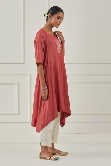 Buy Kamaltaas Red Cotton, Silk Embroidery Round Neck Asymmetric Kurta And Pant Set Online at Aza Fashions Buy_Kamaltaas_Red Cotton, Silk Embroidery Round Neck Asymmetric Kurta And Pant Set _Online_at_Aza_Fashions
