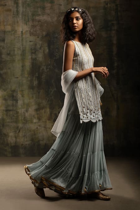 Mona And Vishu_Blue Kurta  Dupion Silk Sharara  Georgette Dupatta  Tulle Embroidered Set _Online_at_Aza_Fashions