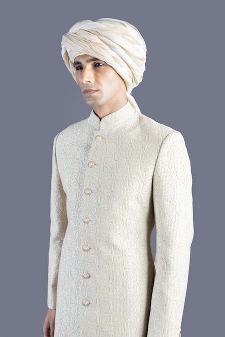 Buy_Abhishek Gupta_Beige Cotton  Lining Embroidered Sherwani And Kurta Set  _Online_at_Aza_Fashions