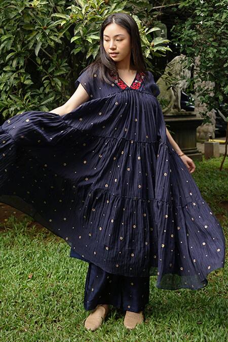Buy_Baju_Blue Chanderi Cotton, Silk Embroidery V-neck Hand Midi Dress_Online_at_Aza_Fashions