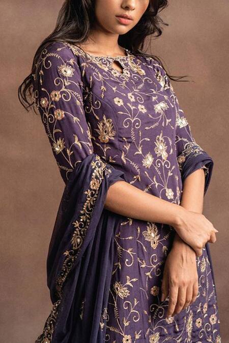 Shop_Pleats By Kaksha And Dimple_Purple Kasturi Crepe Round Embroidered Kurta Palazzo Set_Online_at_Aza_Fashions