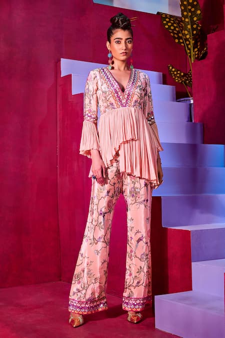 Limerick By Abirr N' Nanki_Pink Crepe, Georgette Floral Print V Neck Nour Peplum Top And Pant Set_Online_at_Aza_Fashions