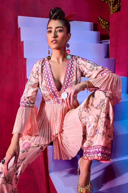 Buy_Limerick By Abirr N' Nanki_Pink Crepe, Georgette Floral Print V Neck Nour Peplum Top And Pant Set_Online_at_Aza_Fashions