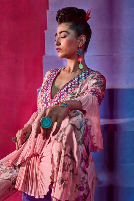 Shop_Limerick By Abirr N' Nanki_Pink Crepe, Georgette Floral Print V Neck Nour Peplum Top And Pant Set_Online_at_Aza_Fashions