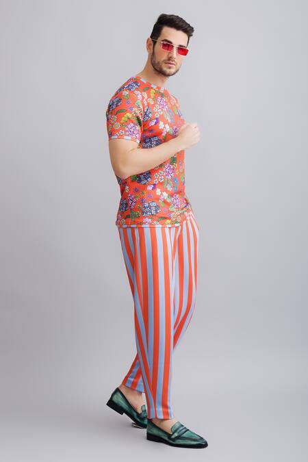 Nautanky_Orange Neoprene Floral, Striped Print T-shirt And Pant Set _Online_at_Aza_Fashions