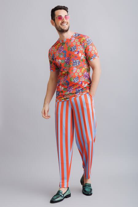 Buy_Nautanky_Orange Neoprene Floral, Striped Print T-shirt And Pant Set _Online_at_Aza_Fashions