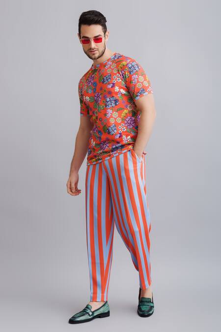 Shop_Nautanky_Orange Neoprene Floral, Striped Print T-shirt And Pant Set _Online_at_Aza_Fashions
