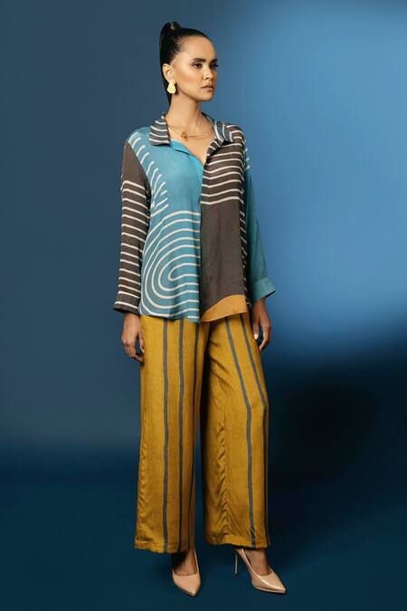 Nautanky_Blue Natural Crepe Spread Collar Printed Shirt And Pant Set _Online_at_Aza_Fashions