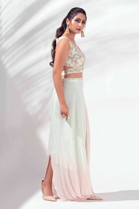 Suruchi Parakh_Green Tussar Silk And Georgette Crepe Lining Embellished Crop Top & Skirt Set_Online_at_Aza_Fashions