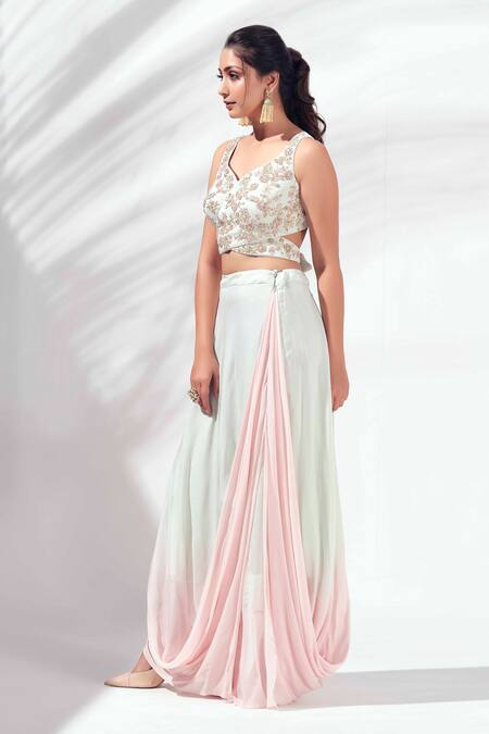 Buy_Suruchi Parakh_Green Tussar Silk And Georgette Crepe Lining Embellished Crop Top & Skirt Set_Online_at_Aza_Fashions