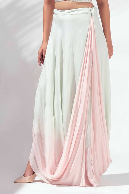 Suruchi Parakh_Green Tussar Silk And Georgette Crepe Lining Embellished Crop Top & Skirt Set_at_Aza_Fashions