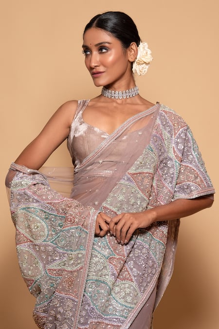 Pallavi Poddar_Purple Tulle, Velvet Sequins, Crystals Amoeba Embellished Saree With Blouse _Online_at_Aza_Fashions