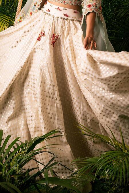 Pallavi Poddar_Blue Gingham Embroidery, Tassels Round Neck Mughal Garden Cape And Lehenga Set _Online_at_Aza_Fashions