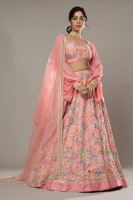 I Am Design_Pink Raw , Organza Floral Candy Floss Embroidered Bridal Lehenga Set _Online_at_Aza_Fashions