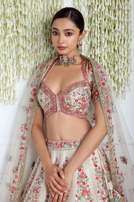 Pallavi Poddar_Ivory Silk, Tulle Zari, Applique, Embroidery Rohini Resham Bridal Lehenga Set _Online_at_Aza_Fashions