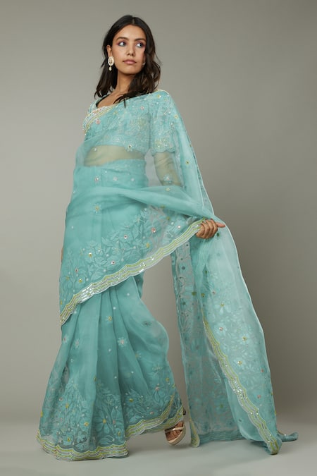 I Am Design Blue Silk Organza Floral Pattern, Sequins Peppermint Candy Embroidered Saree Online at Aza Fashions I Am Design_Blue Silk Organza Floral Pattern, Sequins Peppermint Candy Embroidered Saree _Online_at_Aza_Fashions