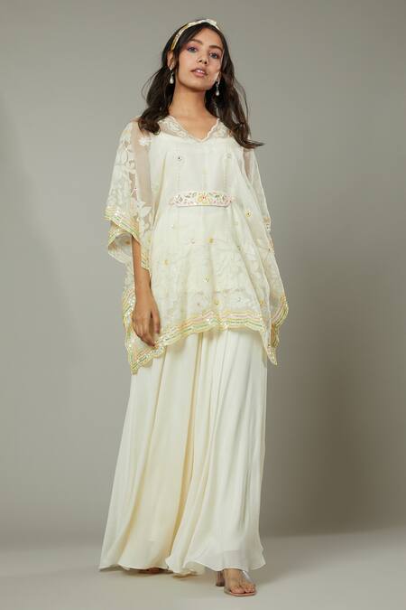 I Am Design Ivory Chiffon, Silk Organza French Vanilla Palazzo And Embroidered Kaftan Set Online at Aza Fashions I Am Design_Ivory Chiffon, Silk Organza French Vanilla Palazzo And Embroidered Kaftan Set _Online_at_Aza_Fashions