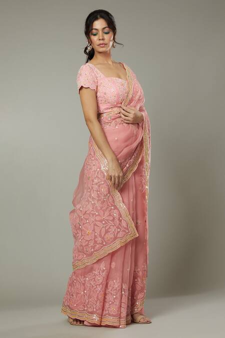 I Am Design_Pink Silk Organza Floral Pattern, Sequins Cutdana Candy Floss Embroidered Saree _Online_at_Aza_Fashions