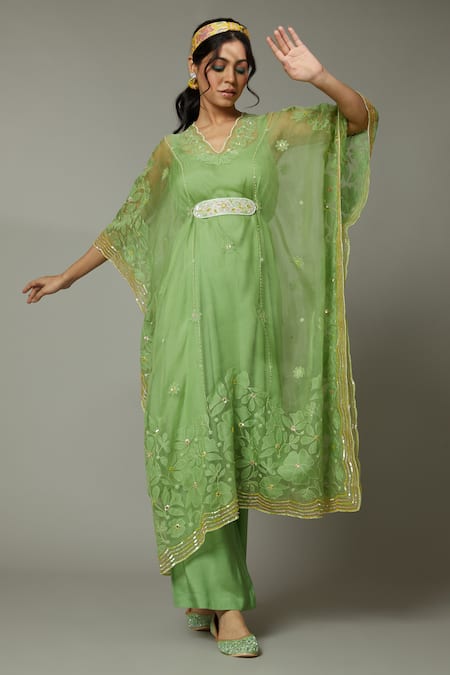 I Am Design Green Silk Organza Floral Appliques, Sequins Apple Candy Kaftan And Pant Set Online at Aza Fashions I Am Design_Green Silk Organza Floral Appliques, Sequins Apple Candy Kaftan And Pant Set _Online_at_Aza_Fashions