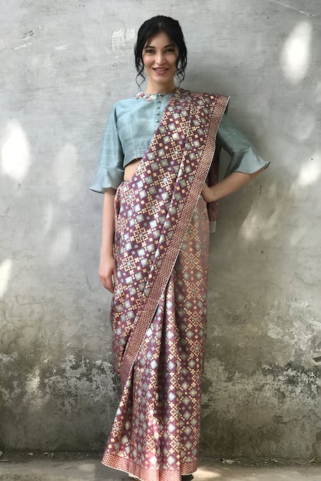Buy_I Am Design_Purple Silk Ikat Print Pattern Saree _Online_at_Aza_Fashions