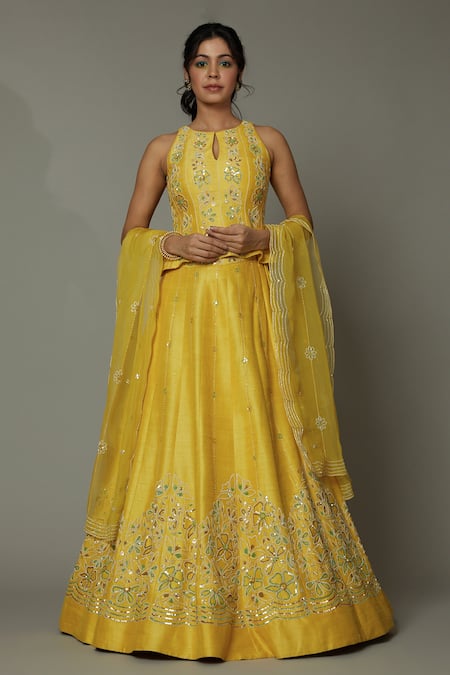 Buy_I Am Design_Yellow Raw , Organza Mango Bite Hand Embroidered Bridal Lehenga Set _Online_at_Aza_Fashions