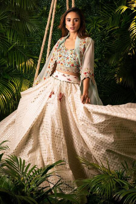 Pallavi Poddar Blue Gingham Embroidery, Tassels Round Neck Mughal Garden Cape And Lehenga Set at Aza Fashions Pallavi Poddar_Blue Gingham Embroidery, Tassels Round Neck Mughal Garden Cape And Lehenga Set _at_Aza_Fashions