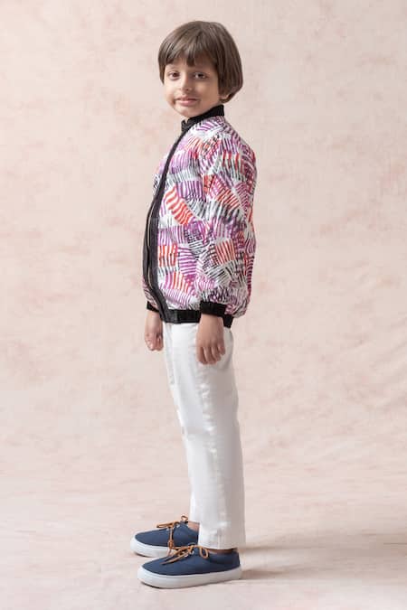 Thetaa Wine Velvet, Silk, Cotton Stripe Print Bomber Jacket Online at Aza Fashions Thetaa_Wine Velvet, Silk, Cotton Stripe Print Bomber Jacket _Online_at_Aza_Fashions