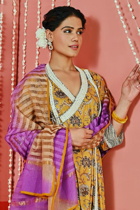 Myaara Yellow Cotton, Organza Mirrors, Embroidery V-neck Flower Print Anarkali Set at Aza Fashions Myaara_Yellow Cotton, Organza Mirrors, Embroidery V-neck Flower Print Anarkali Set _at_Aza_Fashions