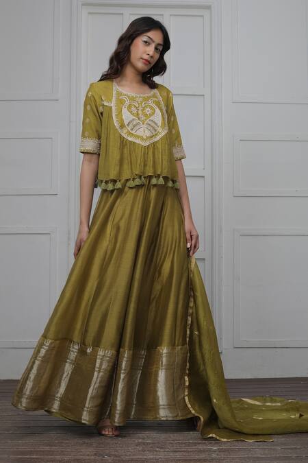 Myoho_Green Silk, Brocade Embroidery, Tassels Round Neck Yoke Top Lehenga Set _Online_at_Aza_Fashions