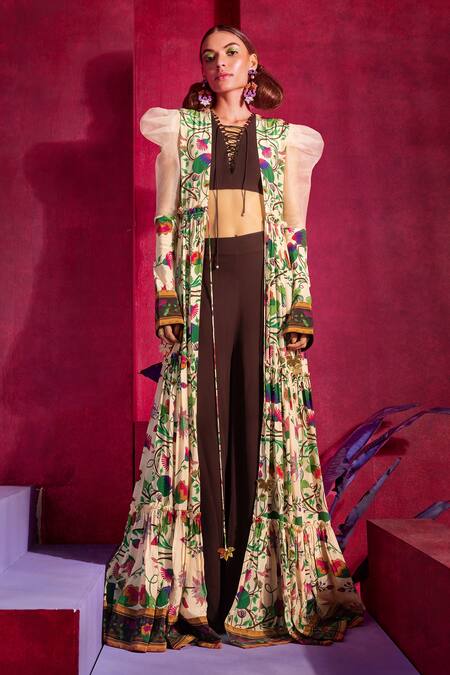 Limerick By Abirr N' Nanki_Brown Crepe And Georgette Floral Print V Neck Lilit Jacket & Pant Set _Online_at_Aza_Fashions