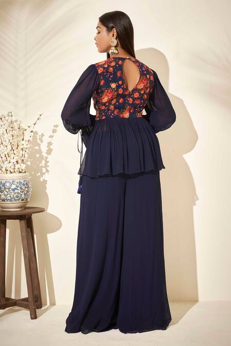 Shop Suruchi Parakh Blue Georgette And Crepe Lining Shantoon Floral Print & Mirror Tunic & Pant Set at Aza Fashions Shop_Suruchi Parakh_Blue Georgette And Crepe Lining Shantoon Floral Print & Mirror Tunic & Pant Set_at_Aza_Fashions