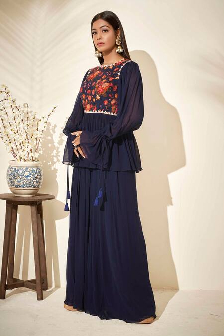 Suruchi Parakh Blue Georgette And Crepe Lining Shantoon Floral Print & Mirror Tunic & Pant Set Online at Aza Fashions Suruchi Parakh_Blue Georgette And Crepe Lining Shantoon Floral Print & Mirror Tunic & Pant Set_Online_at_Aza_Fashions
