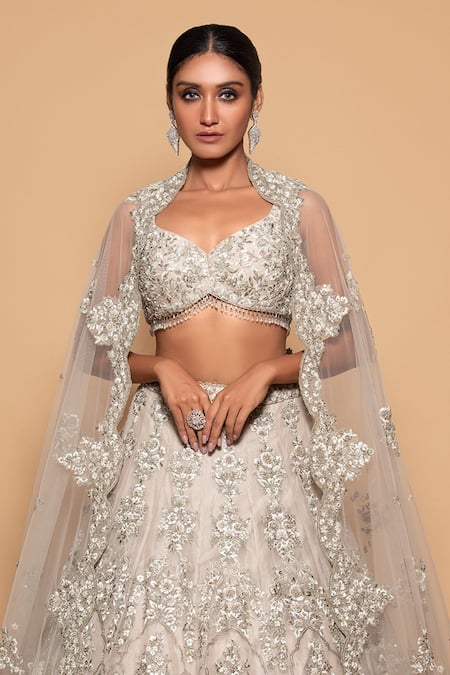 Pallavi Poddar_Grey Organza, Tulle Sequins, Pearls, Amer Floral Embroidered Bridal Lehenga Set _Online_at_Aza_Fashions