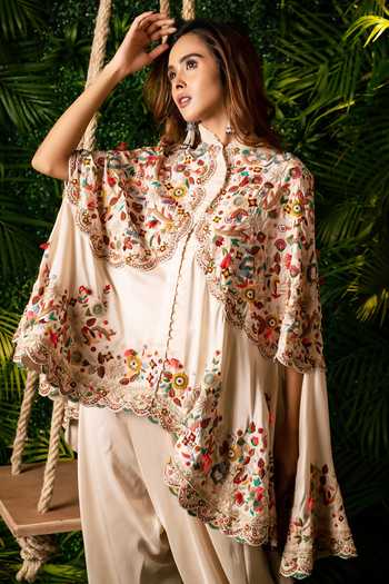 Shop_Pallavi Poddar_Ivory Silk Floral Embroidered Cape And Pant Set _Online_at_Aza_Fashions